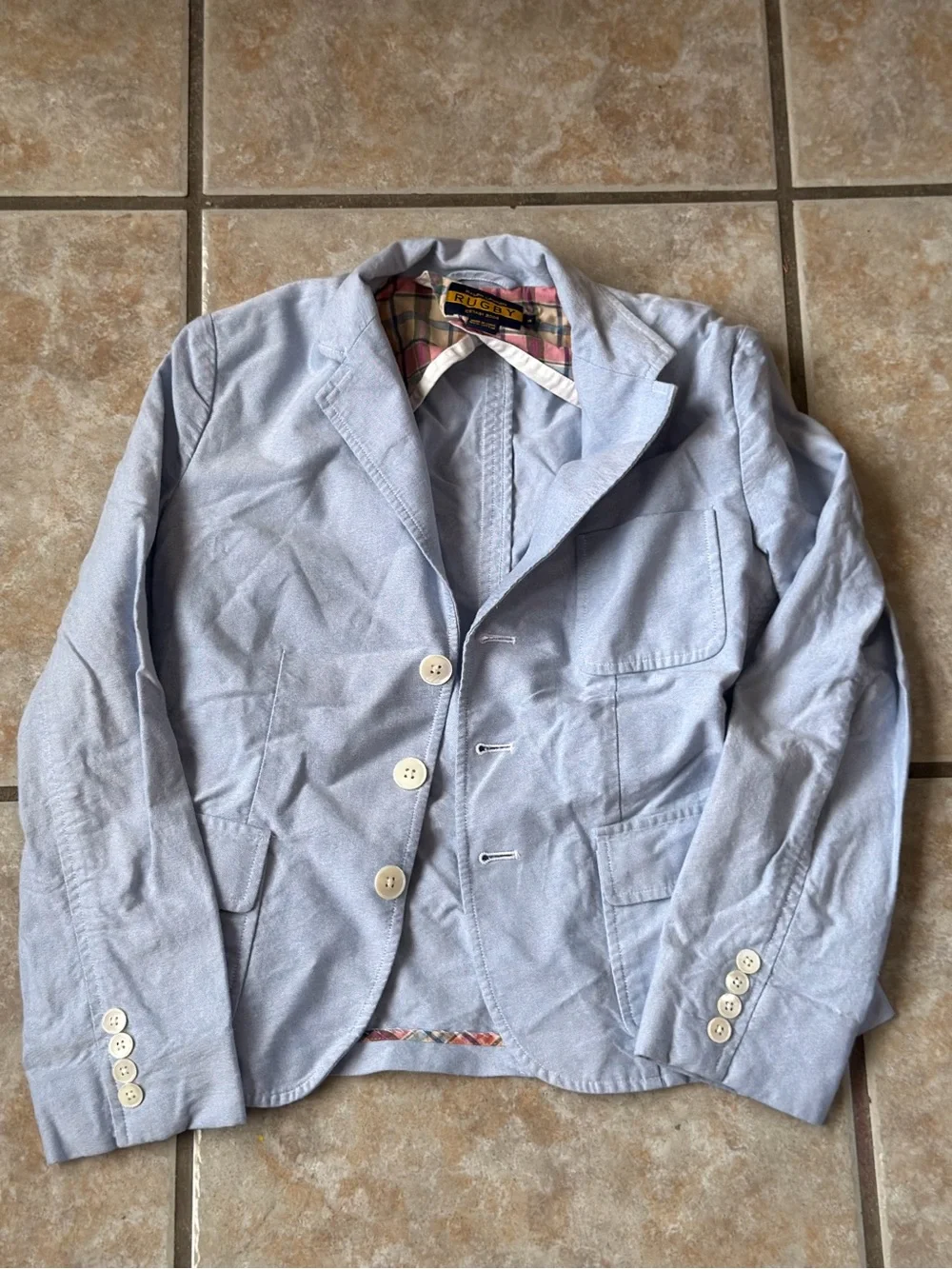Rugby Ralph Lauren Women's Cotton Oxford Blazer Jacket Light Blue Size 4 Plaid